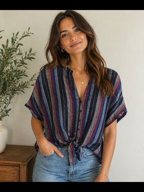 Rails Striped Tie Front Linen Blend Blouse